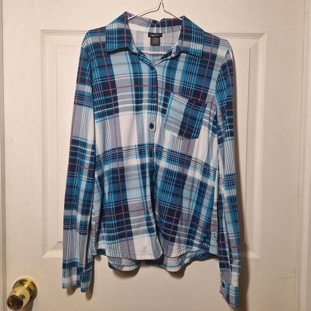 Rue 21 Blue White Plaid Button Up Shirt Cabincore Lightweight Gorpcore Size S